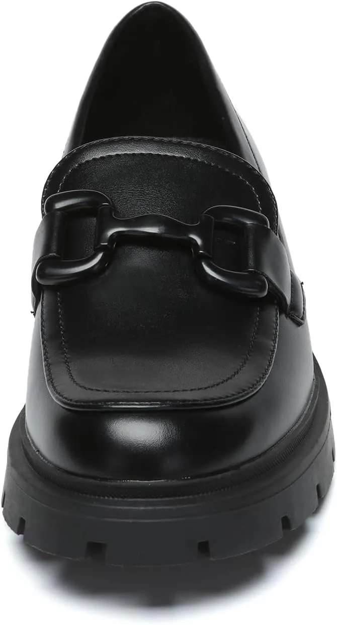 Women's Chunky Platform Loafers with Chain or Buckle Patent Leather Black Penny Loafers Fashion Office Shoes School Dress Shoes Comfort Slip-on