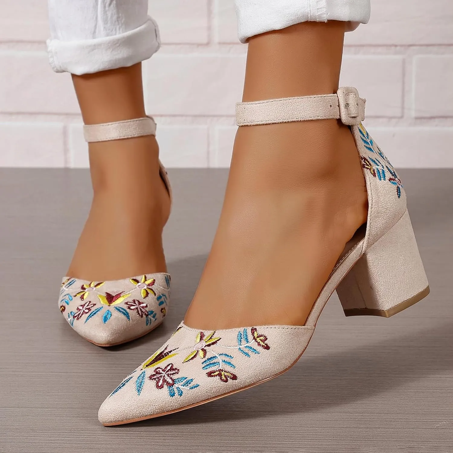 Women's Closed Pointed Toe Pumps Sandals Embroidery Floral Low Heels Wedding Bride Ankle Strap Dressy Sandals