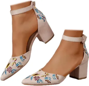 Women's Closed Pointed Toe Pumps Sandals Embroidery Floral Low Heels Wedding Bride Ankle Strap Dressy Sandals