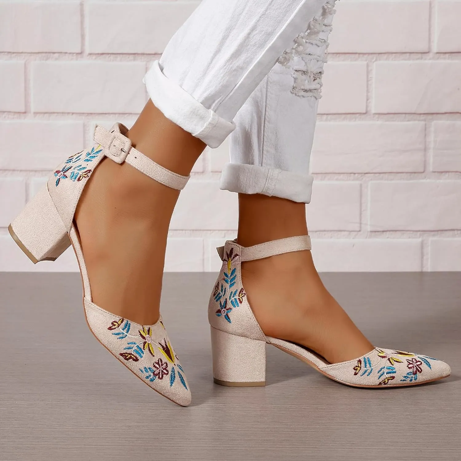 Women's Closed Pointed Toe Pumps Sandals Embroidery Floral Low Heels Wedding Bride Ankle Strap Dressy Sandals