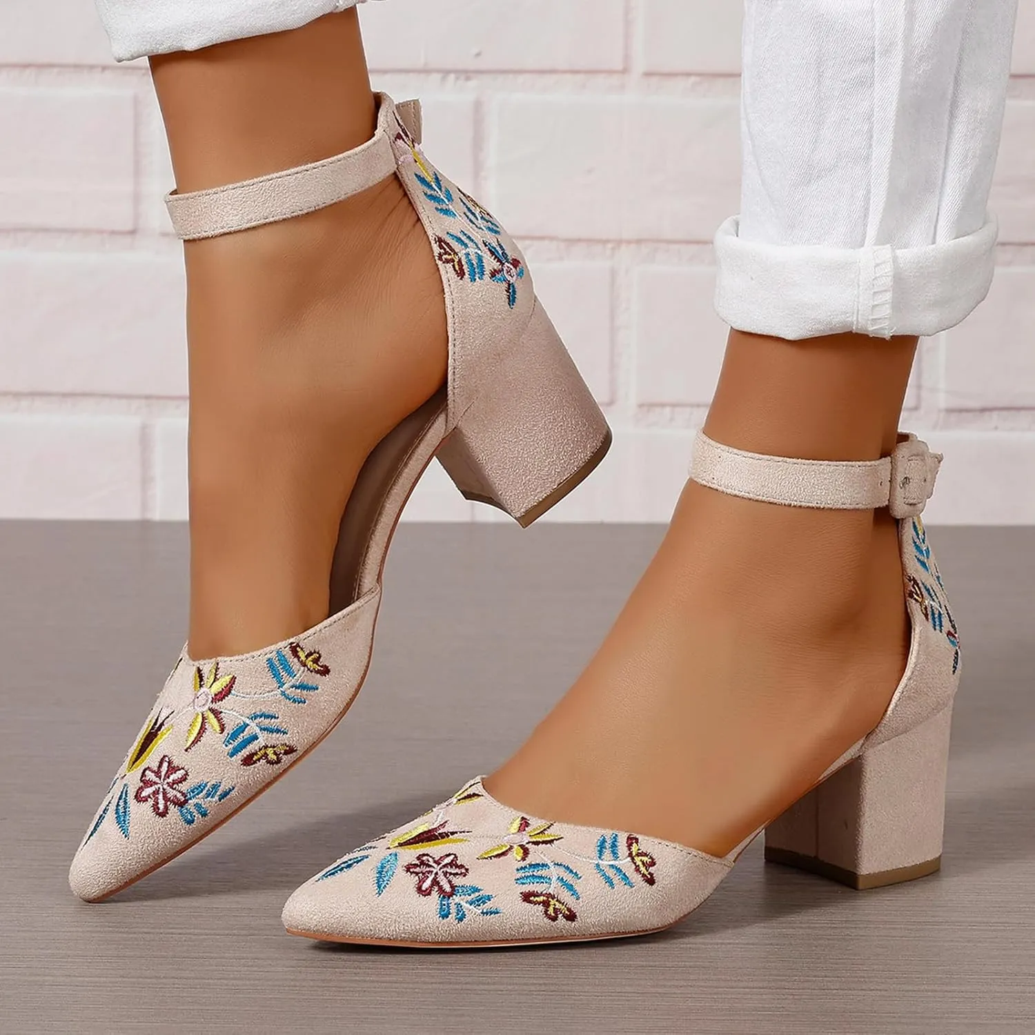 Women's Closed Pointed Toe Pumps Sandals Embroidery Floral Low Heels Wedding Bride Ankle Strap Dressy Sandals
