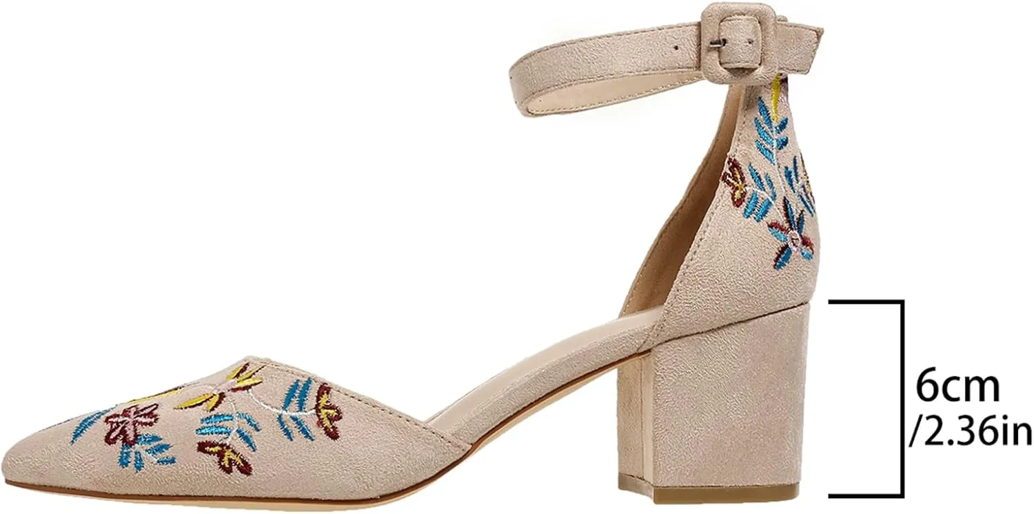 Women's Closed Pointed Toe Pumps Sandals Embroidery Floral Low Heels Wedding Bride Ankle Strap Dressy Sandals