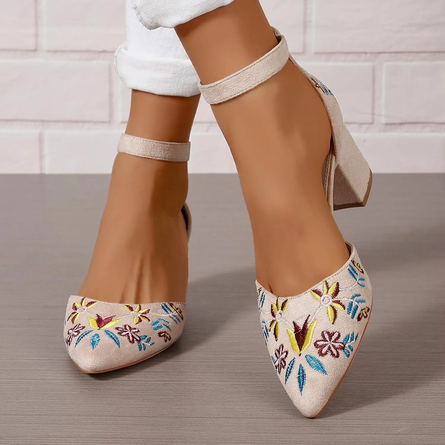 Women's Closed Pointed Toe Pumps Sandals Embroidery Floral Low Heels Wedding Bride Ankle Strap Dressy Sandals