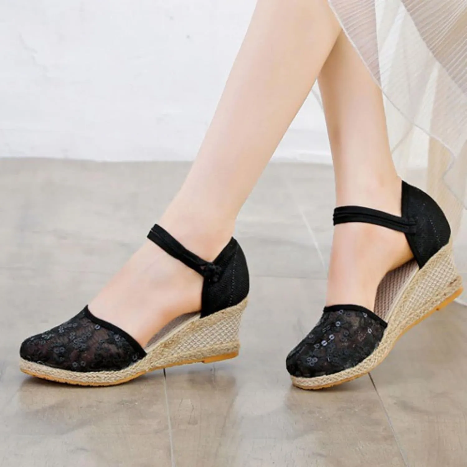 Womens Closed Toe Sandals Comfortable Summer Shoes Non Slip Mid Heel Espadrilles Breathable Comfy Shoes Summer Casual Sandals for Women 2025 Ankle Strappy Lace Up Mesh Footwear