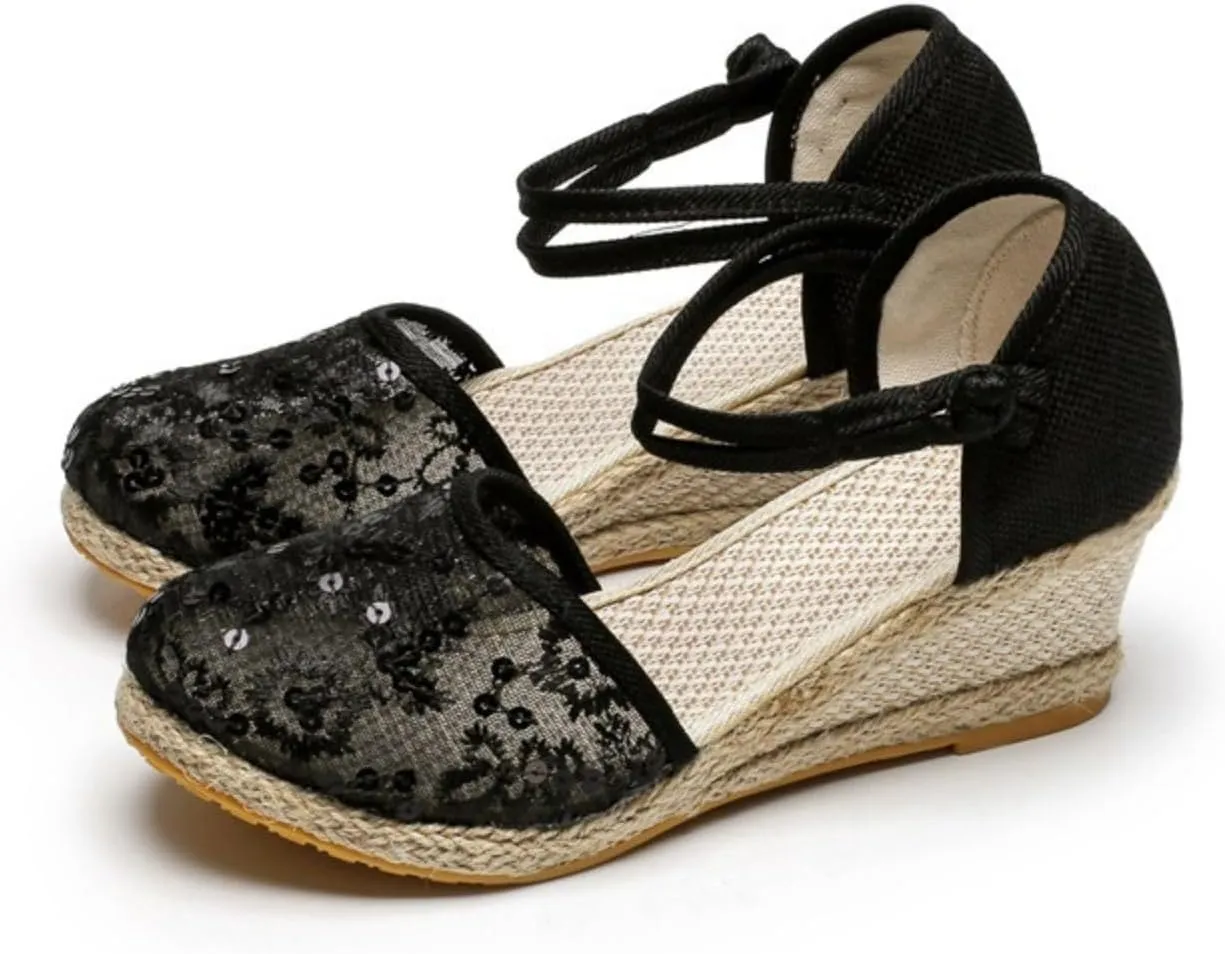 Womens Closed Toe Sandals Comfortable Summer Shoes Non Slip Mid Heel Espadrilles Breathable Comfy Shoes Summer Casual Sandals for Women 2025 Ankle Strappy Lace Up Mesh Footwear