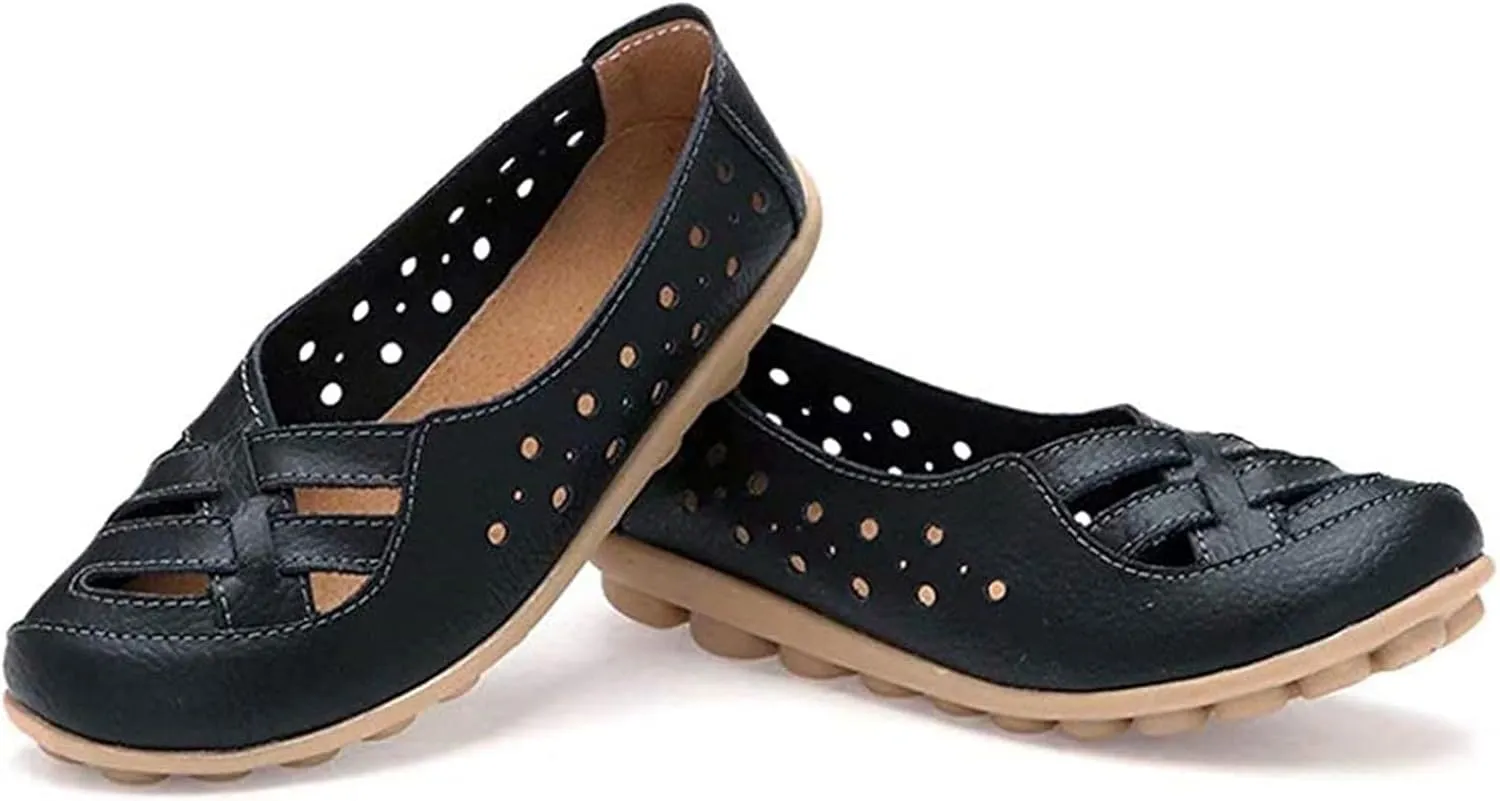 womens comfort sandals Breathable Leather Hollow Out Loafer Flats Summer Slip-On Cutout Sandals Casual Round Toe Orthopedic Loafers Fashion Soft Shoes