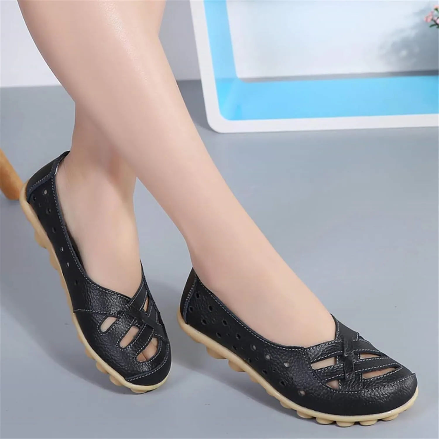 womens comfort sandals Breathable Leather Hollow Out Loafer Flats Summer Slip-On Cutout Sandals Casual Round Toe Orthopedic Loafers Fashion Soft Shoes
