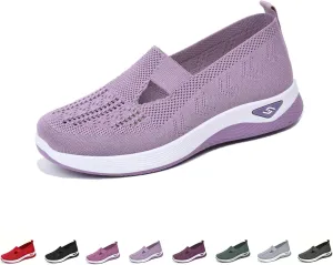 Women's Comfortable Breathable Knitted Sneakers, Outdoor Woven Cut-Out Orthopedic Soft Arch Support Walking Shoes for Women, Slip-On