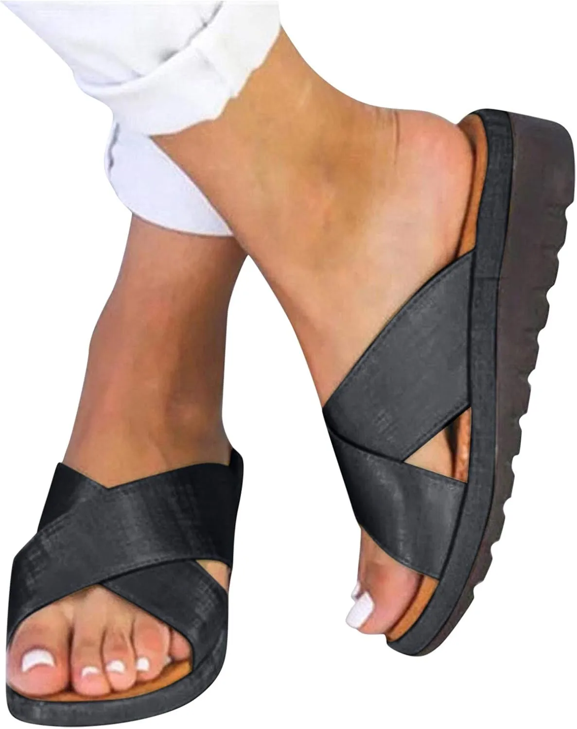 Womens Cross Straps Wedge Sandals Solid Comfortable Non-Slip Flat Shoes Summer Casual Open Toe Slip-on Slippers Trendy Beach Sandals Flip Flops