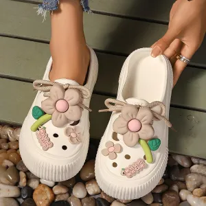 Women's Cute DIY Clogs, Platform Lace Up Soft Sole Bowknot Decor Shoes, Closed Toe Summer Beach & Garden Mules