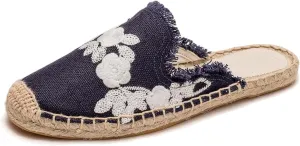 Womens Embroidery Espadrille Mules Flats - Fashion Flats Shoes Comfortable Mule Shoes Breathable Espadrilles Anti-Slip Slipper