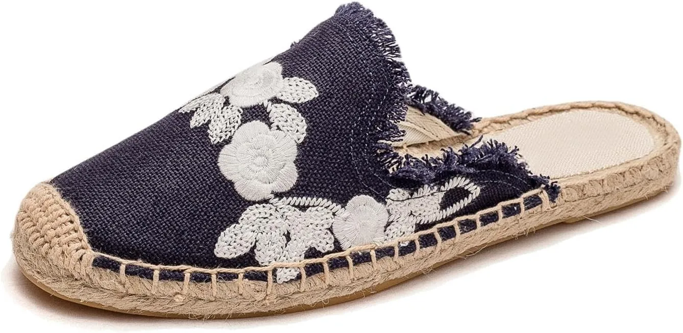 Womens Embroidery Espadrille Mules Flats - Fashion Flats Shoes Comfortable Mule Shoes Breathable Espadrilles Anti-Slip Slipper