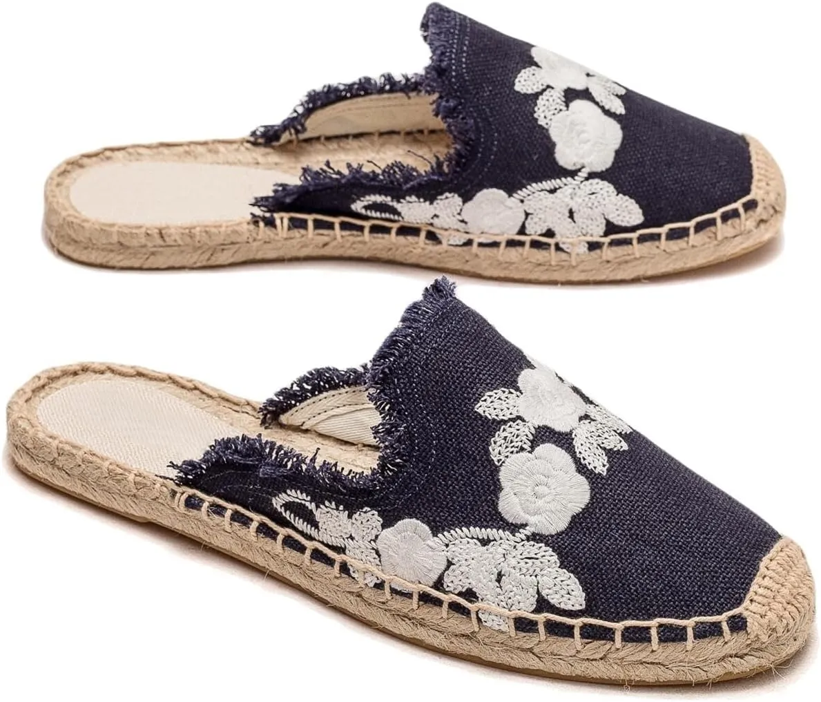Womens Embroidery Espadrille Mules Flats - Fashion Flats Shoes Comfortable Mule Shoes Breathable Espadrilles Anti-Slip Slipper