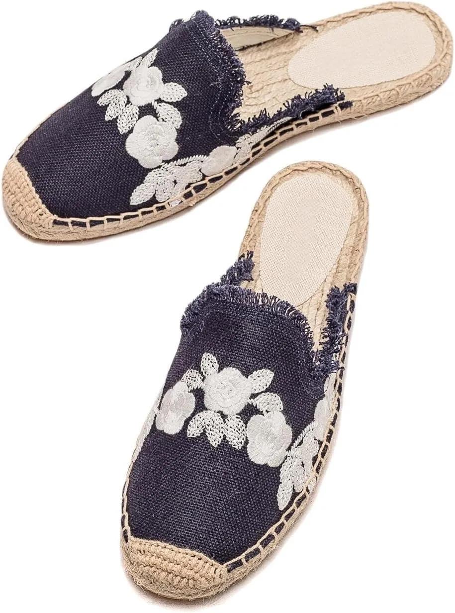 Womens Embroidery Espadrille Mules Flats - Fashion Flats Shoes Comfortable Mule Shoes Breathable Espadrilles Anti-Slip Slipper