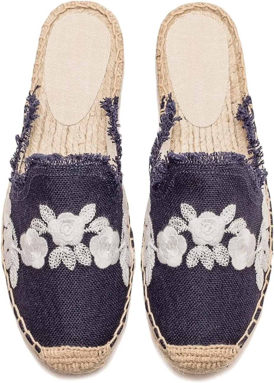 Womens Embroidery Espadrille Mules Flats - Fashion Flats Shoes Comfortable Mule Shoes Breathable Espadrilles Anti-Slip Slipper