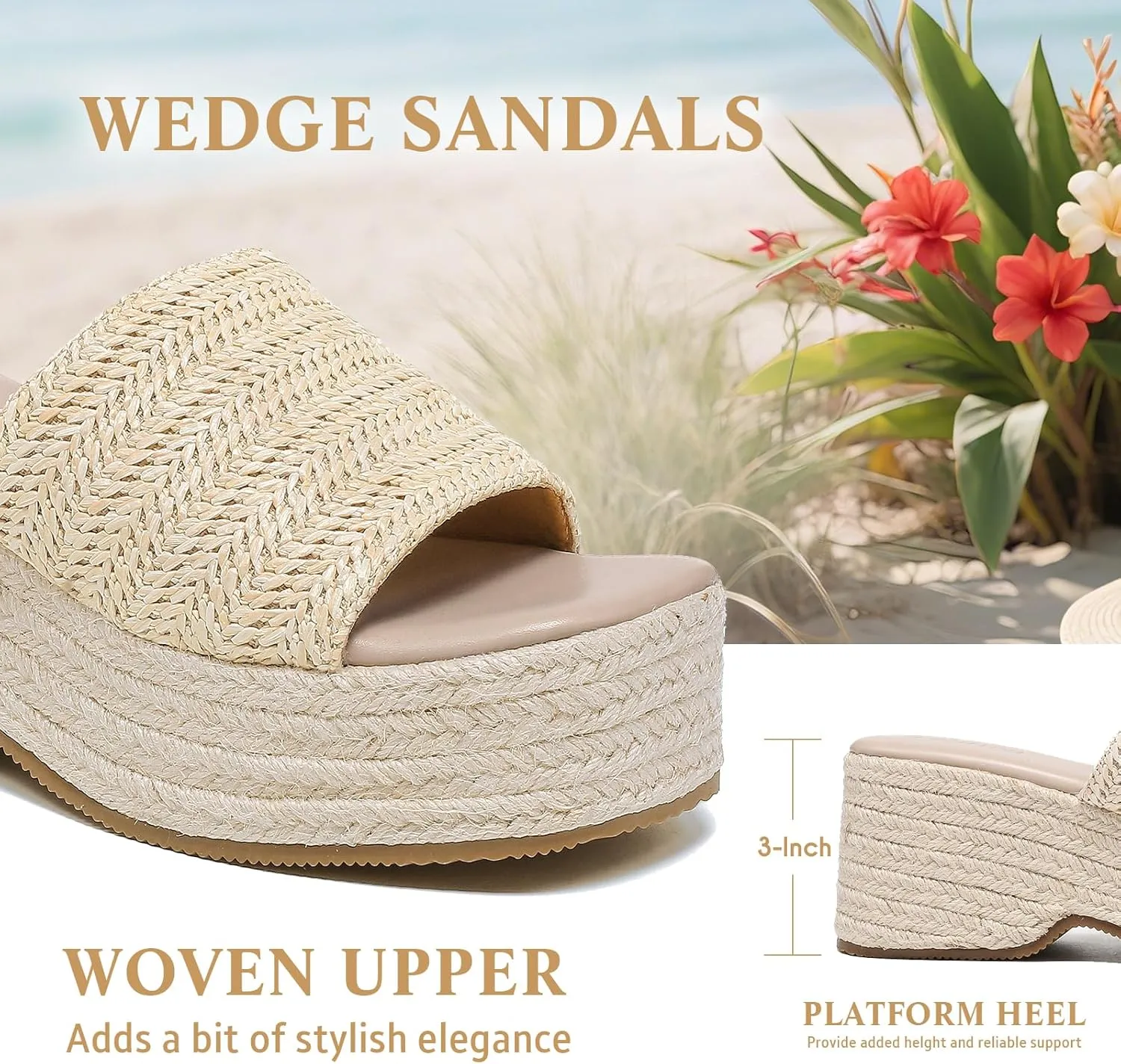Women's Espadrilles Platform Sandals Wedges Slides Open Toe Slip on Shoes for women Summer Comfortable Woven Casual Beach Shoes