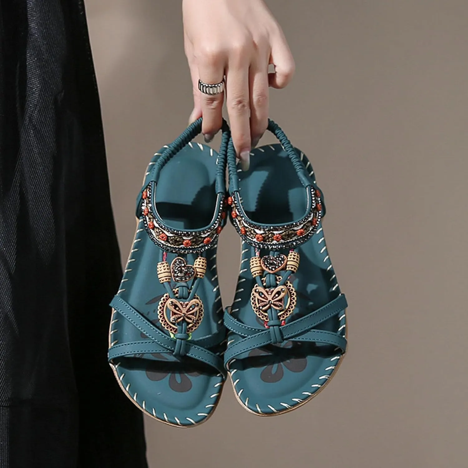 Women's Flat Sandals Comfort Walking with Non Slip Casual Summer Beach Ankle Elastic Jeweled Bohemian