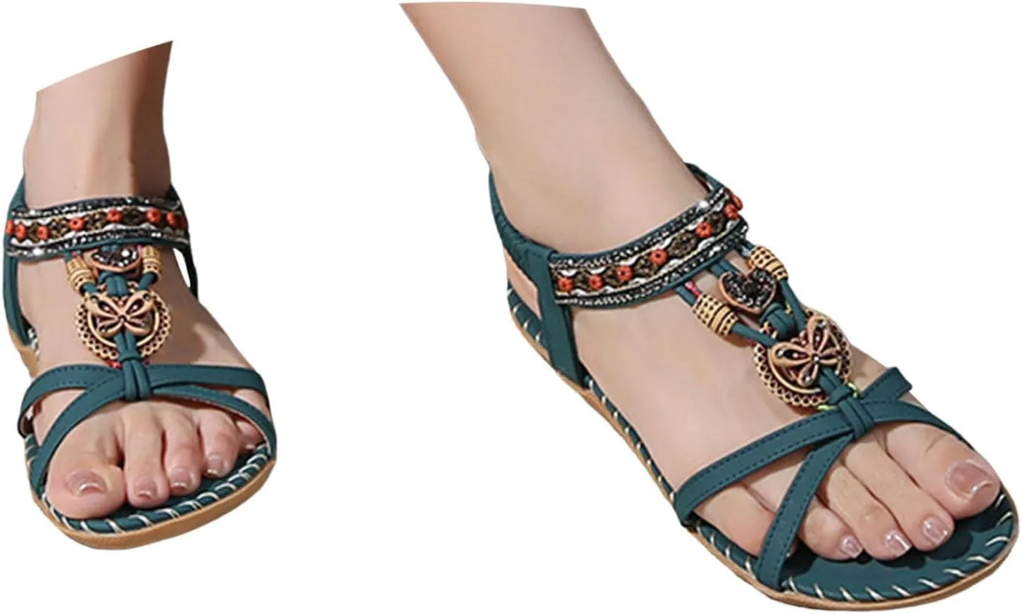 Women's Flat Sandals Comfort Walking with Non Slip Casual Summer Beach Ankle Elastic Jeweled Bohemian