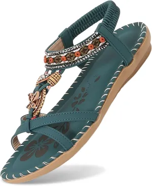 Women's Flat Sandals Comfort Walking with Non Slip Casual Summer Beach Ankle Elastic Jeweled Bohemian
