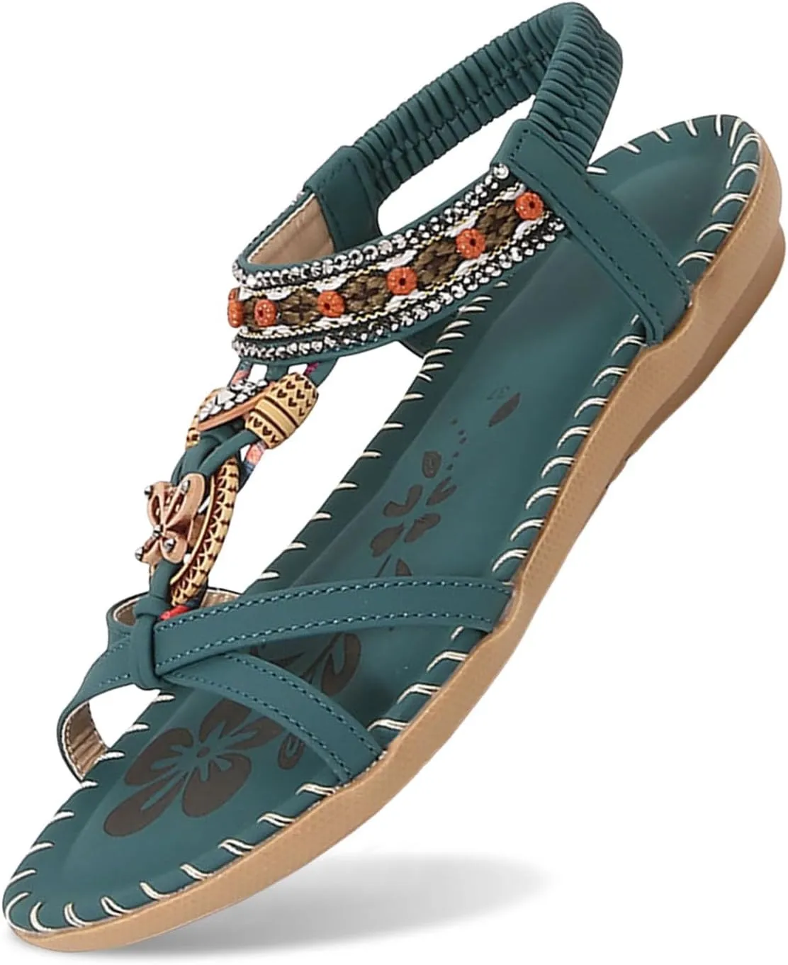 Women's Flat Sandals Comfort Walking with Non Slip Casual Summer Beach Ankle Elastic Jeweled Bohemian