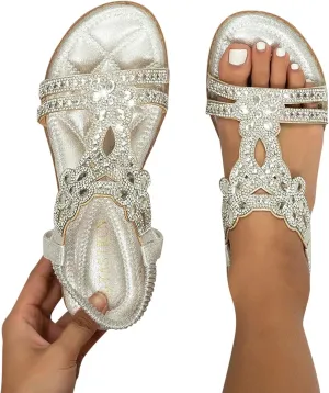 Women's Flat Sandals Dressy Summer, Comfortable Rhinestone Beaded Bohemian Sandals Strappy Ankle Strap Elastic T-Strap Dress Thong Sandals Beach Flip Flops (8)