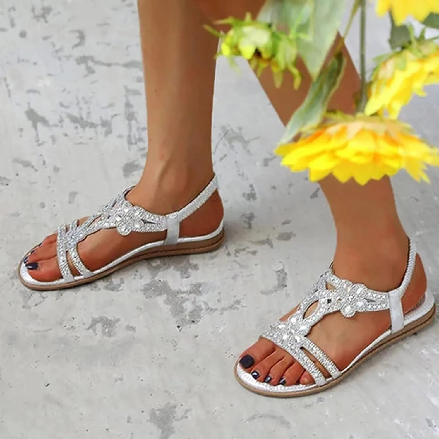 Women's Flat Sandals Dressy Summer, Comfortable Rhinestone Beaded Bohemian Sandals Strappy Ankle Strap Elastic T-Strap Dress Thong Sandals Beach Flip Flops (8)