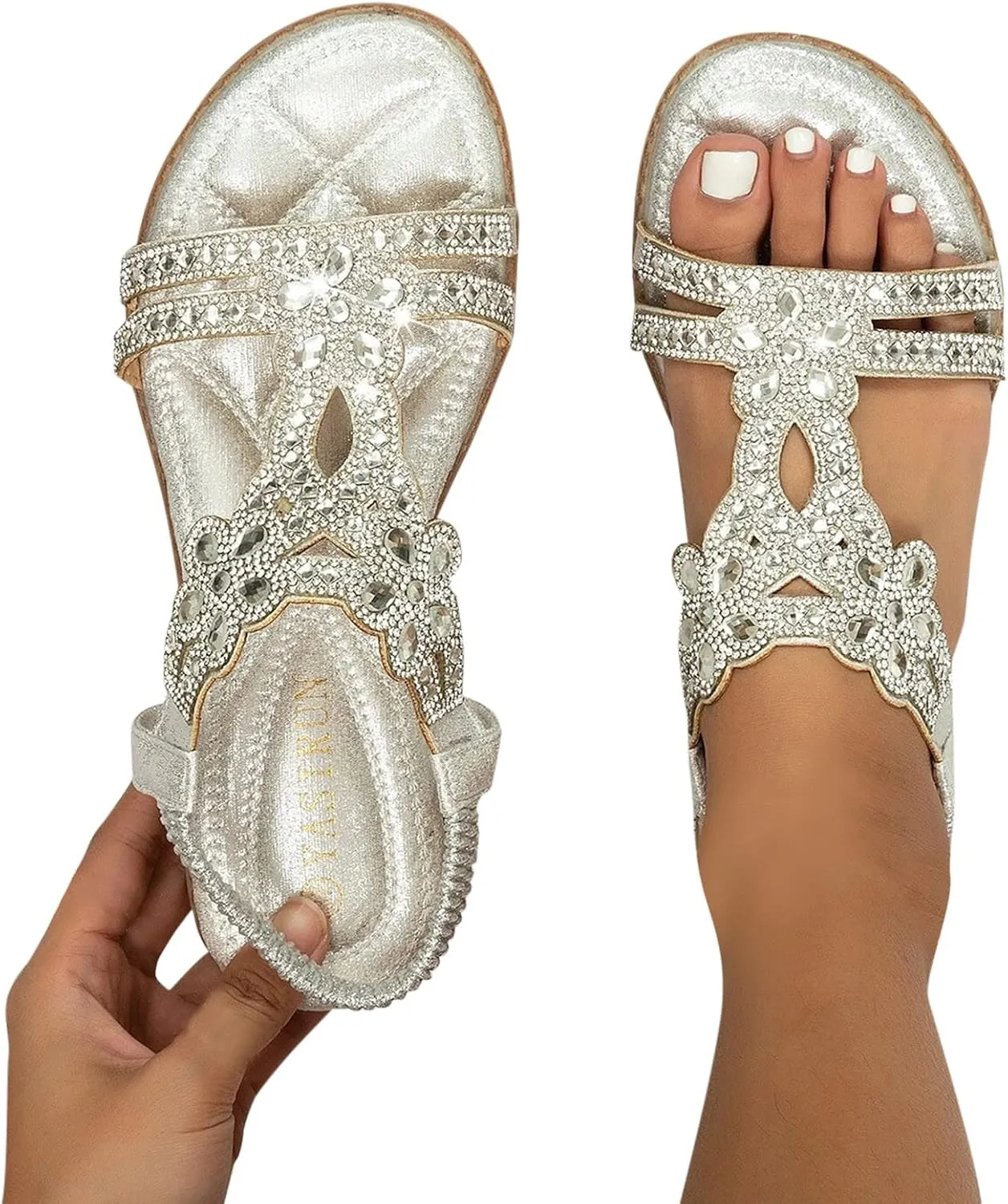 Women's Flat Sandals Dressy Summer, Comfortable Rhinestone Beaded Bohemian Sandals Strappy Ankle Strap Elastic T-Strap Dress Thong Sandals Beach Flip Flops (8)