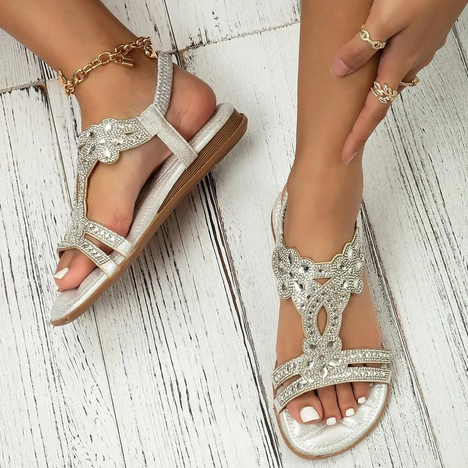 Women's Flat Sandals Dressy Summer, Comfortable Rhinestone Beaded Bohemian Sandals Strappy Ankle Strap Elastic T-Strap Dress Thong Sandals Beach Flip Flops (8)