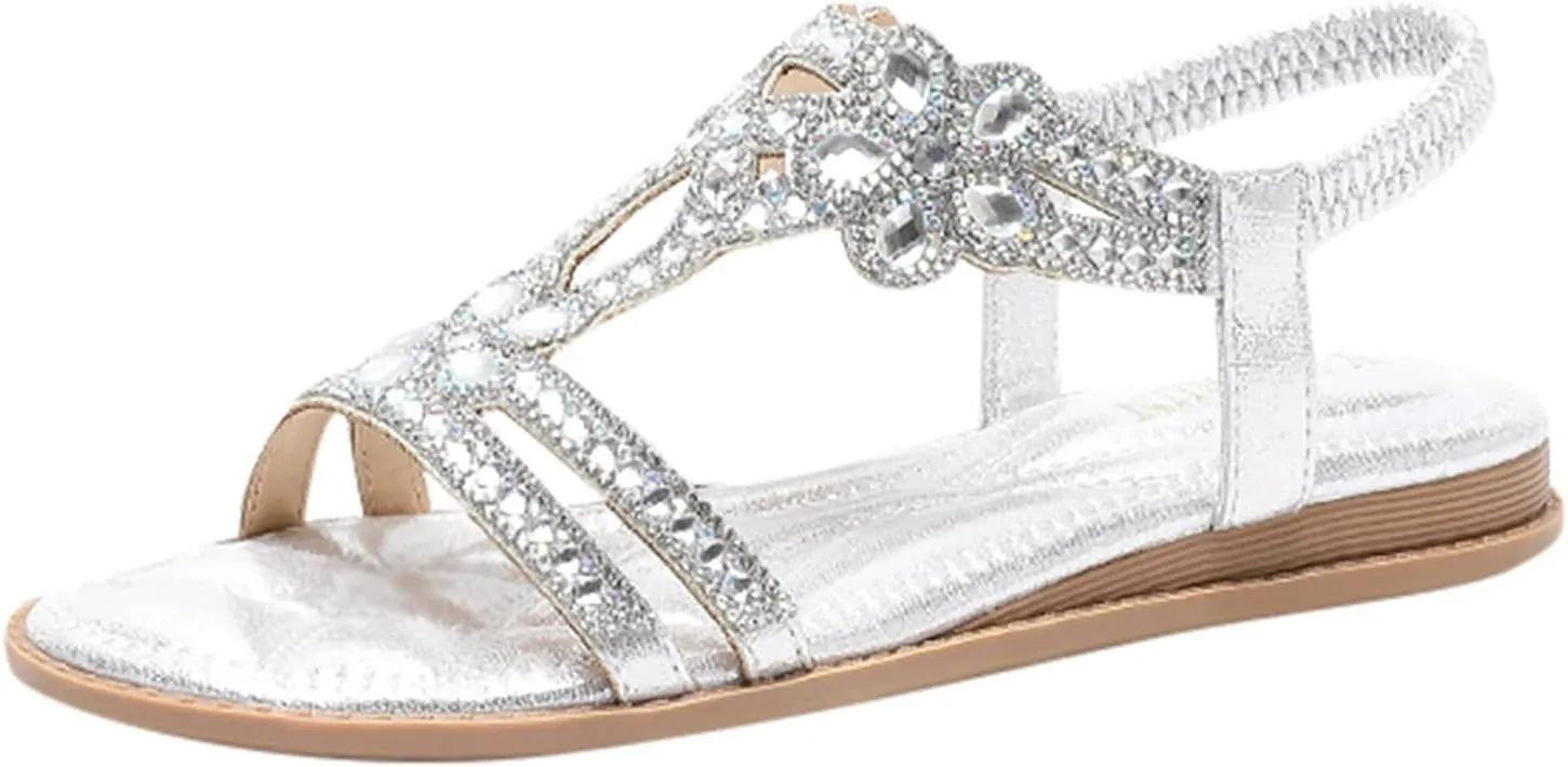 Women's Flat Sandals Dressy Summer, Comfortable Rhinestone Beaded Bohemian Sandals Strappy Ankle Strap Elastic T-Strap Dress Thong Sandals Beach Flip Flops (8)