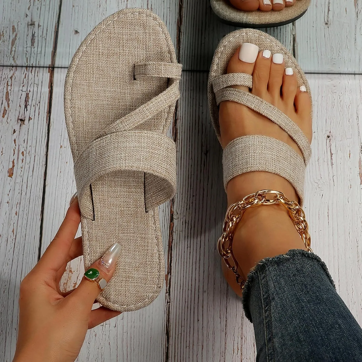 Womens Flat Sandals, Fashion Lady Casual Split Toes Slides, Summer Flip Flops Slingback Sandals, Comfortable Denim Solid Slip-On Sandals, Outdoor Lightweight Ring Thongs Walking Shoes