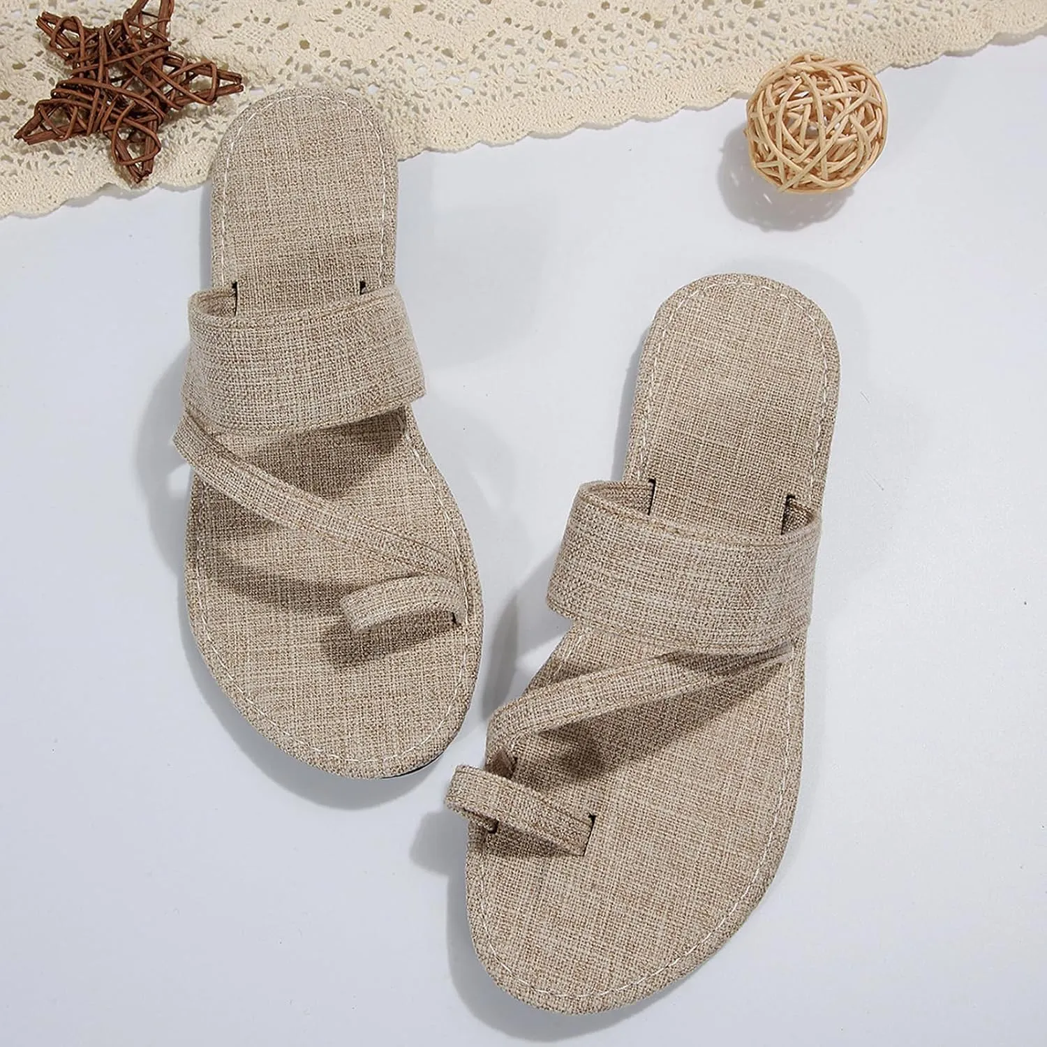 Womens Flat Sandals, Fashion Lady Casual Split Toes Slides, Summer Flip Flops Slingback Sandals, Comfortable Denim Solid Slip-On Sandals, Outdoor Lightweight Ring Thongs Walking Shoes