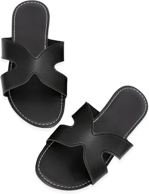 Women's Flat Slide Sandals Summer Open Toe Slip On Casual Beach Slippers, Wide Widths Available 5-11