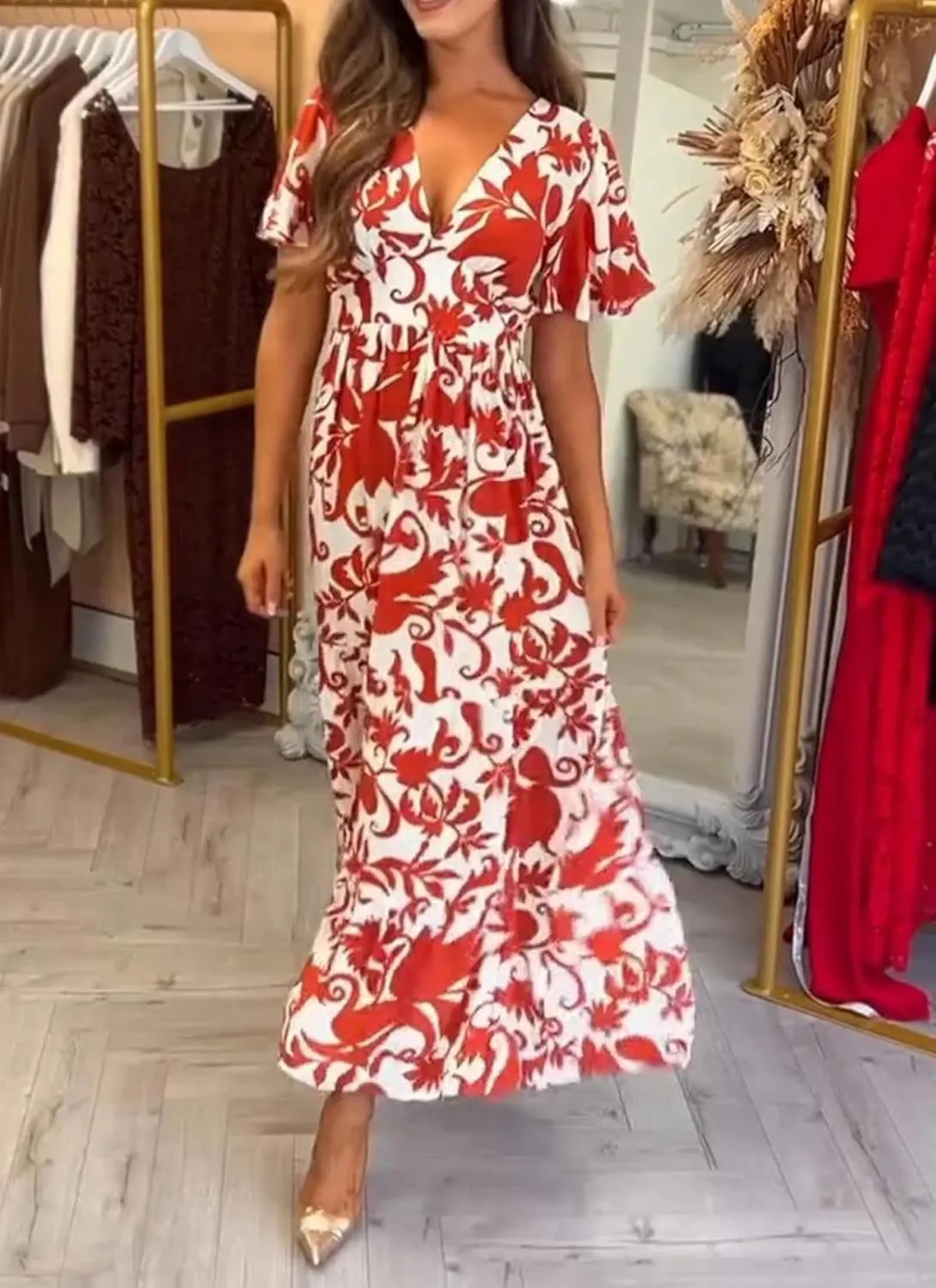 Women's Floral Print V-Neck Short Sleeve Midi Dress Summer Flowy Loose Fit Beach Vacation Party Casual Dress