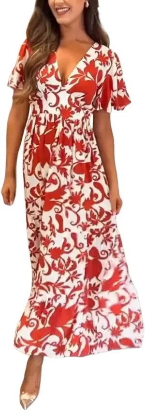 Women's Floral Print V-Neck Short Sleeve Midi Dress Summer Flowy Loose Fit Beach Vacation Party Casual Dress