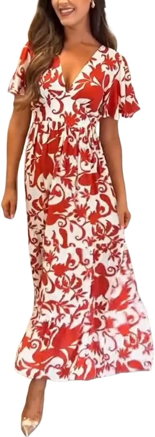 Women's Floral Print V-Neck Short Sleeve Midi Dress Summer Flowy Loose Fit Beach Vacation Party Casual Dress