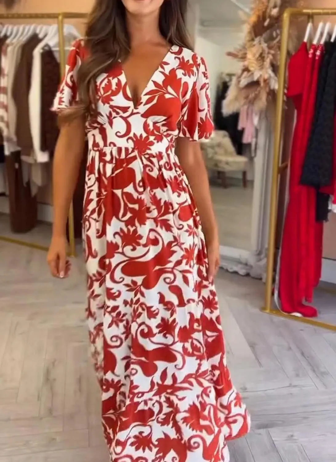 Women's Floral Print V-Neck Short Sleeve Midi Dress Summer Flowy Loose Fit Beach Vacation Party Casual Dress