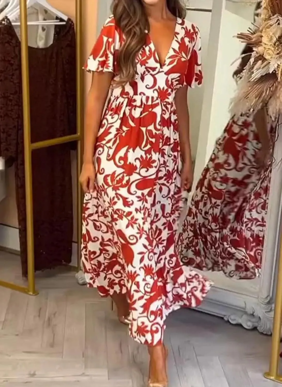Women's Floral Print V-Neck Short Sleeve Midi Dress Summer Flowy Loose Fit Beach Vacation Party Casual Dress