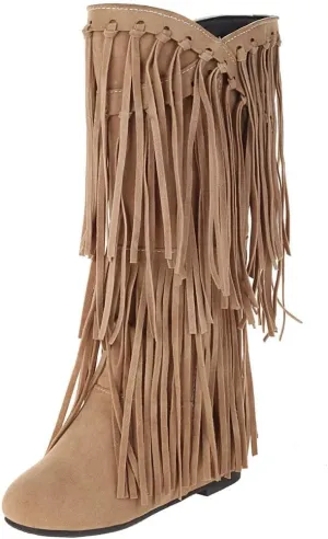 Womens Fringe Western Boots Fashion Hidden Heel Knee-high Boots Round Toe Platform Tassel Moccasin Boots