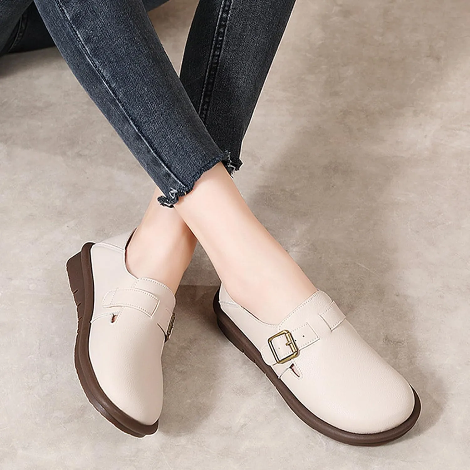 Women's Genuine Leather Monk Strap Slip on Loafers Comfortable Round Toe Non-Slip Soft Bottom Driving Work Flats Lightweight Mom Nurse Casual Walking Shoes
