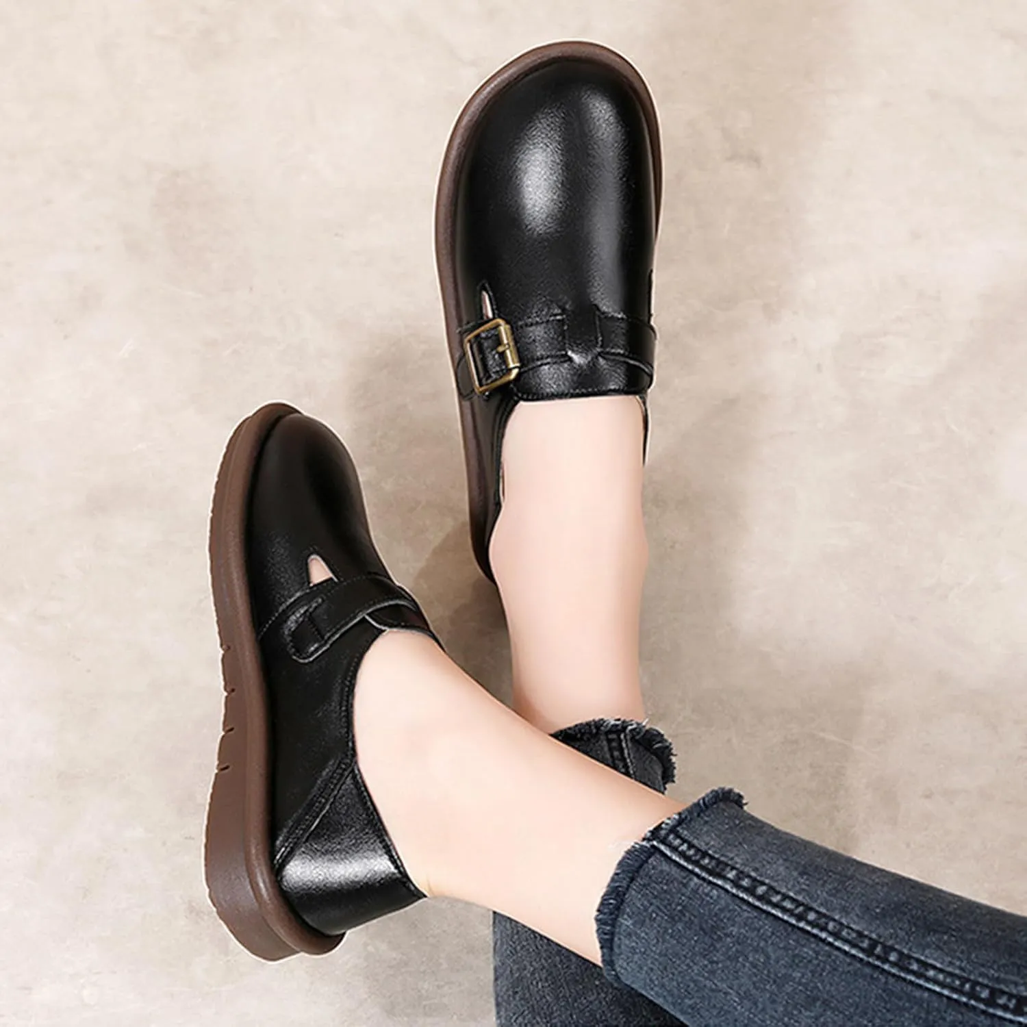 Women's Genuine Leather Monk Strap Slip on Loafers Comfortable Round Toe Non-Slip Soft Bottom Driving Work Flats Lightweight Mom Nurse Casual Walking Shoes
