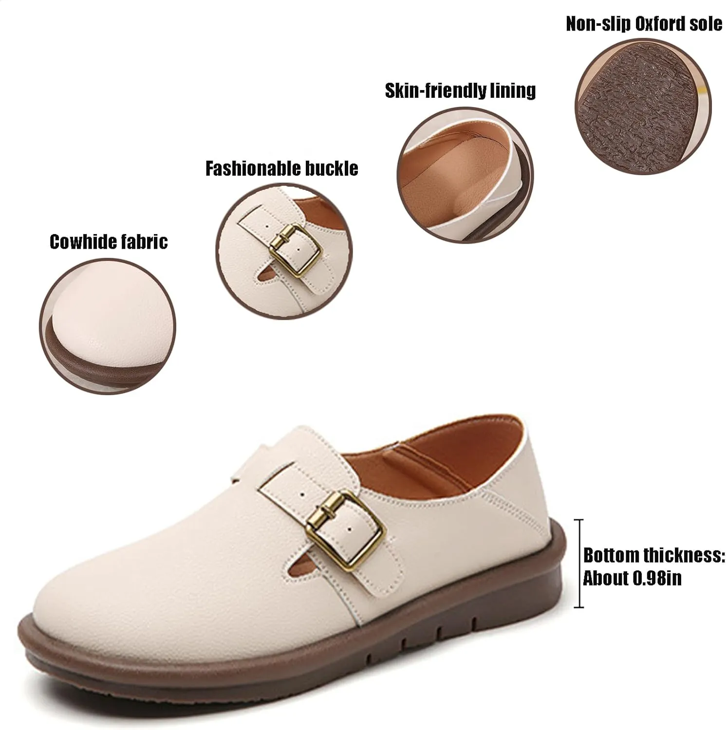 Women's Genuine Leather Monk Strap Slip on Loafers Comfortable Round Toe Non-Slip Soft Bottom Driving Work Flats Lightweight Mom Nurse Casual Walking Shoes