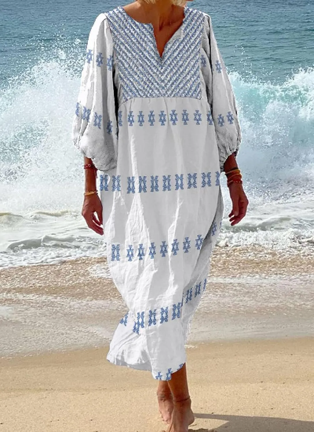 Womens Geometric Print V Neck Long Sleeve Maxi Dress Casual Loose Fit Oversize Bohemian Beach Swimsuit Cover Up