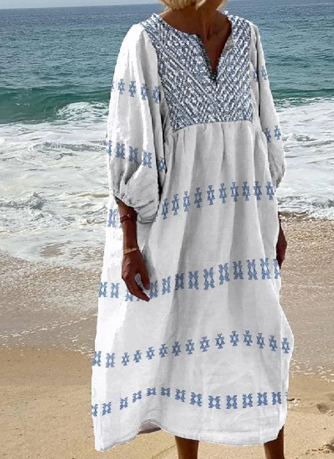 Womens Geometric Print V Neck Long Sleeve Maxi Dress Casual Loose Fit Oversize Bohemian Beach Swimsuit Cover Up