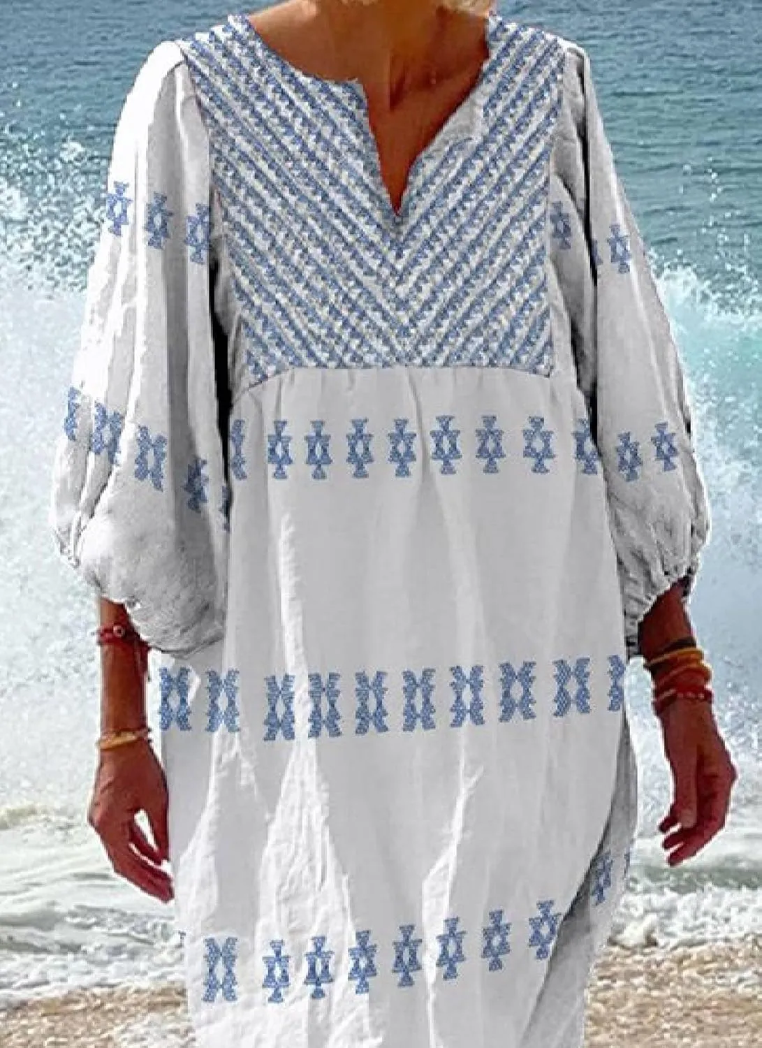 Womens Geometric Print V Neck Long Sleeve Maxi Dress Casual Loose Fit Oversize Bohemian Beach Swimsuit Cover Up