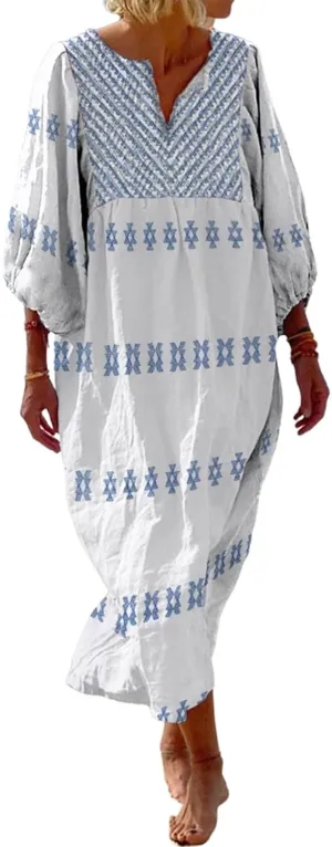 Womens Geometric Print V Neck Long Sleeve Maxi Dress Casual Loose Fit Oversize Bohemian Beach Swimsuit Cover Up