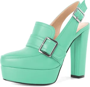 Women's High Heel Loafers Platform Pumps Round Toe Heels Chunky Heel Pumps Stylish Comfortable 4.8 Inch Slingback Heels