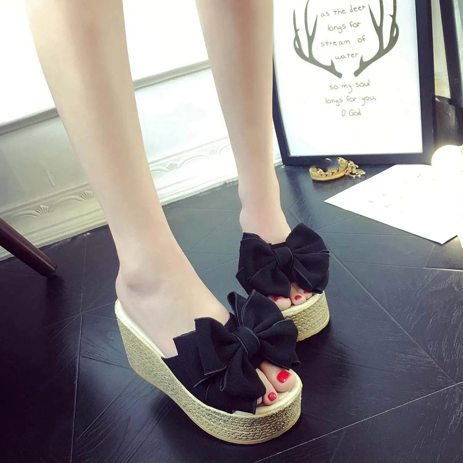 Women's High Heeled Bow-Knot Platform Wedge Slippers Flip-Flops Beach Sandals Fashion Espadrille Slippers Summer Slipper Loafer Sandals