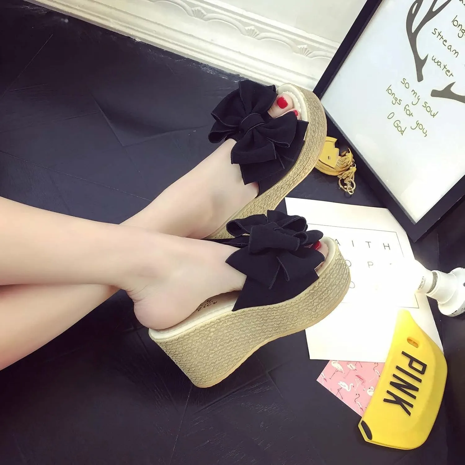 Women's High Heeled Bow-Knot Platform Wedge Slippers Flip-Flops Beach Sandals Fashion Espadrille Slippers Summer Slipper Loafer Sandals