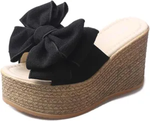 Women's High Heeled Bow-Knot Platform Wedge Slippers Flip-Flops Beach Sandals Fashion Espadrille Slippers Summer Slipper Loafer Sandals