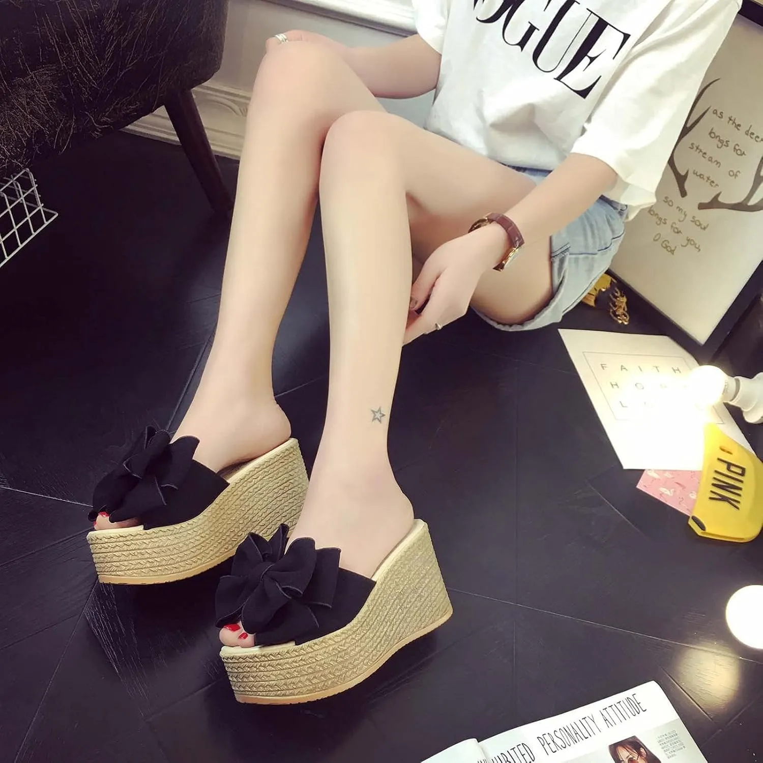 Women's High Heeled Bow-Knot Platform Wedge Slippers Flip-Flops Beach Sandals Fashion Espadrille Slippers Summer Slipper Loafer Sandals